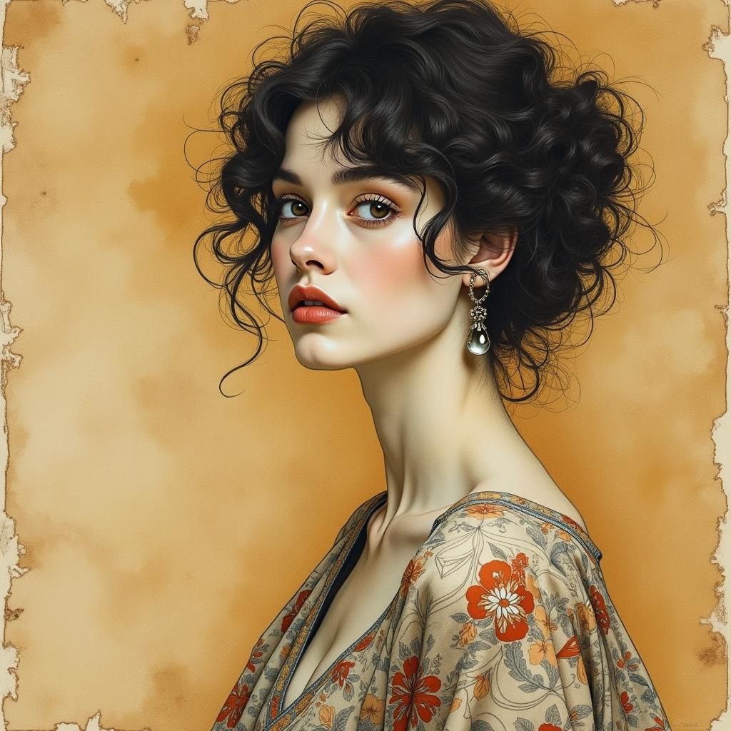 Elegant Woman in Charcoal Drawing, Klimt and Mucha Inspired