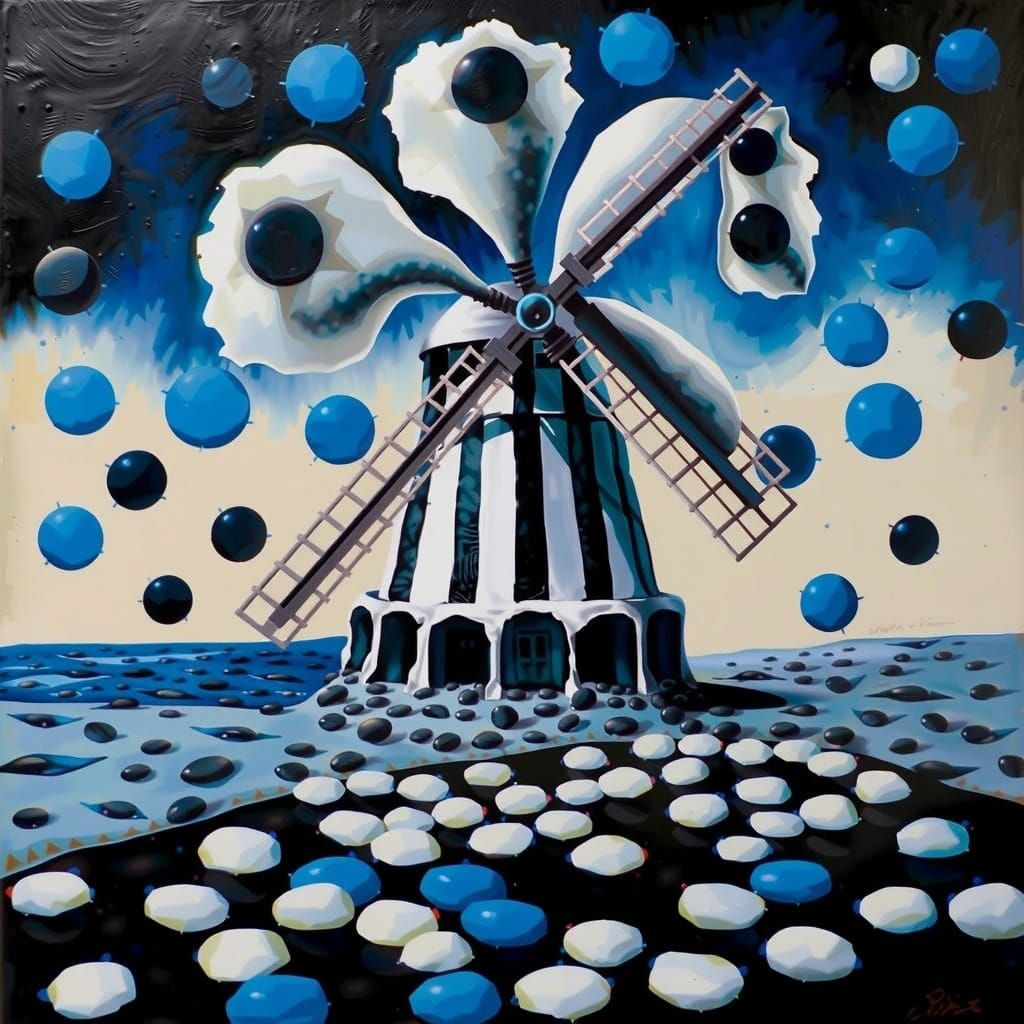 Surreal Windmill with Black Tulips, Dali-esque Oil Painting