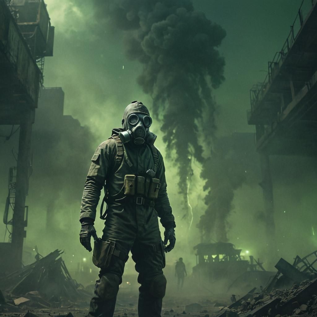 Gas Mask Figure in Toxic Sci-Fi Wasteland