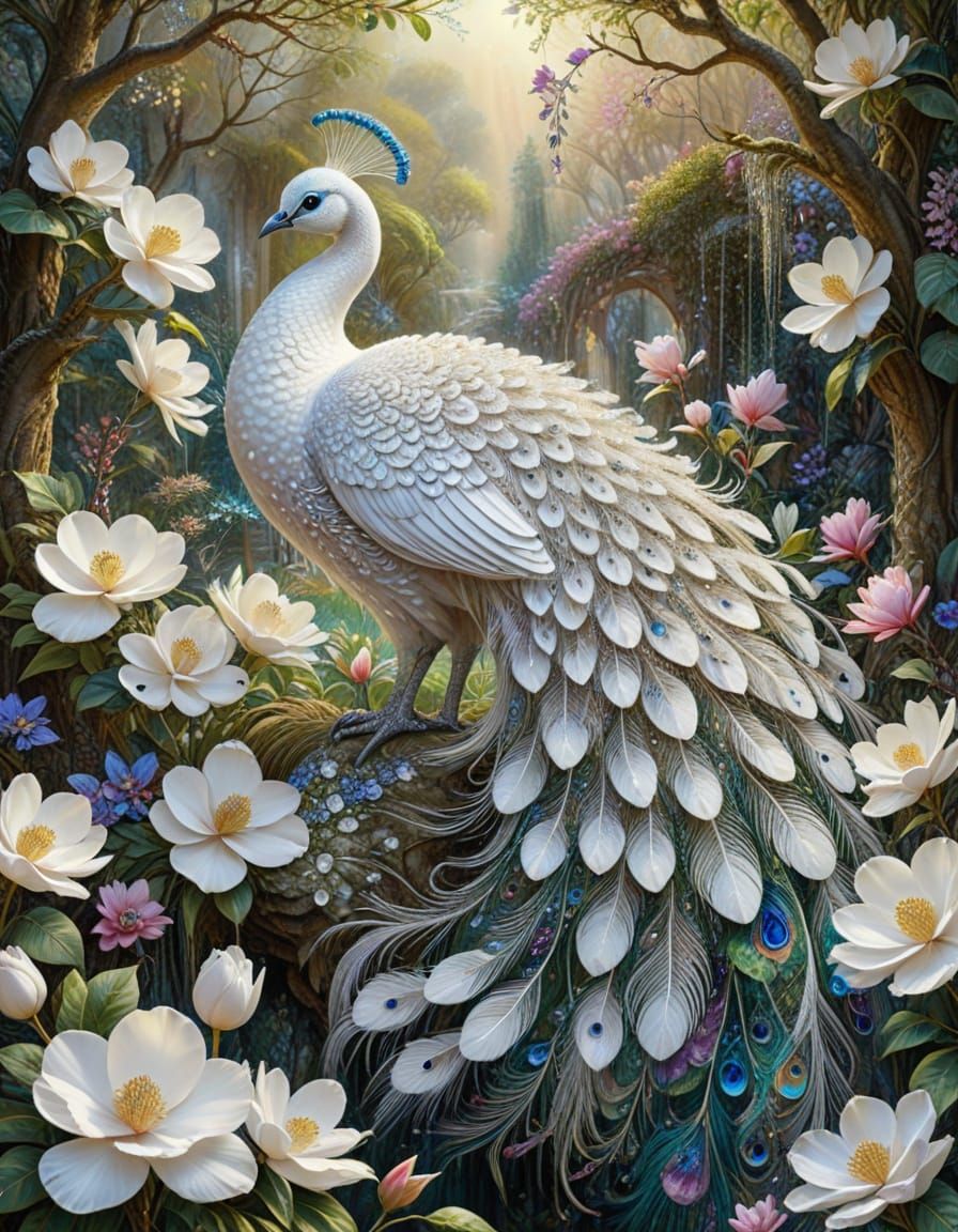 Magnificent White Peacock Displaying Jeweled Feathers in Gar...