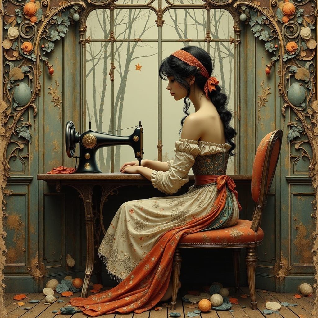 Woman Sewing Dress in Art Nouveau Punk Style