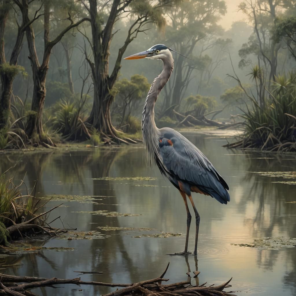 Great Blue Heron is a North American species, its larger, with proportionally longer legs, longer neck, and heavier bi...