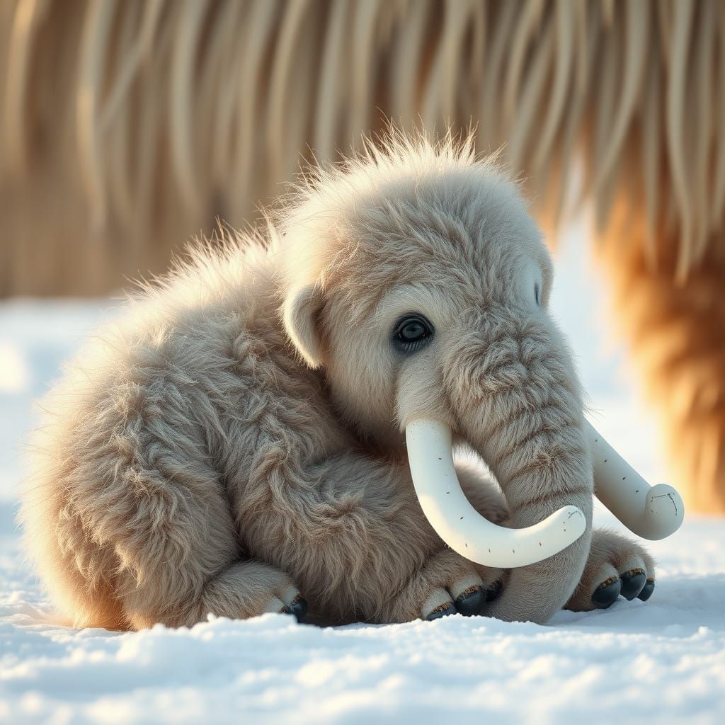 Realistic Baby Mammoth Cuddles Up to Mother in Winter Wonder...
