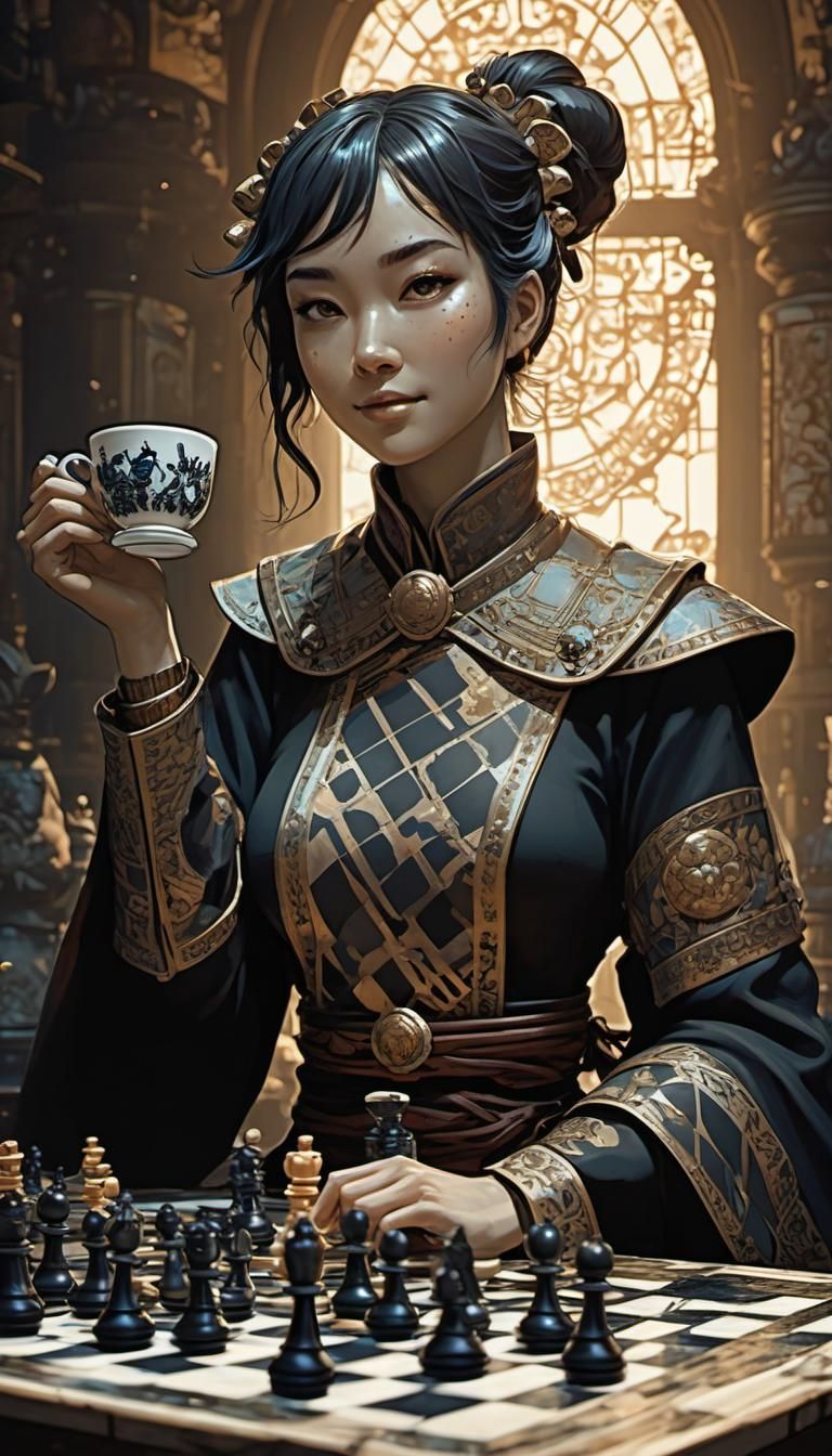 Anime Girl Playing Chess in Dark Academia Style