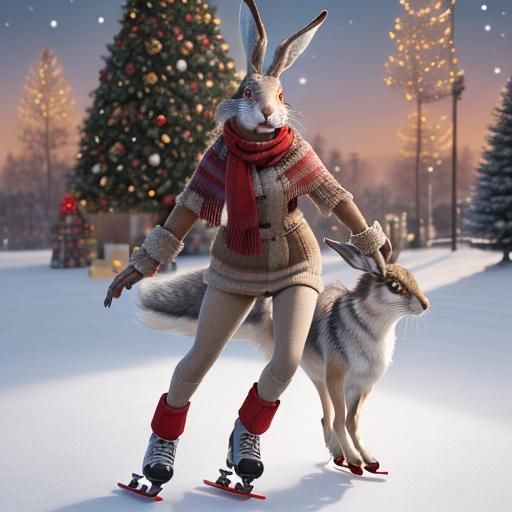 Charming Wolf and Hare Skating on Christmas