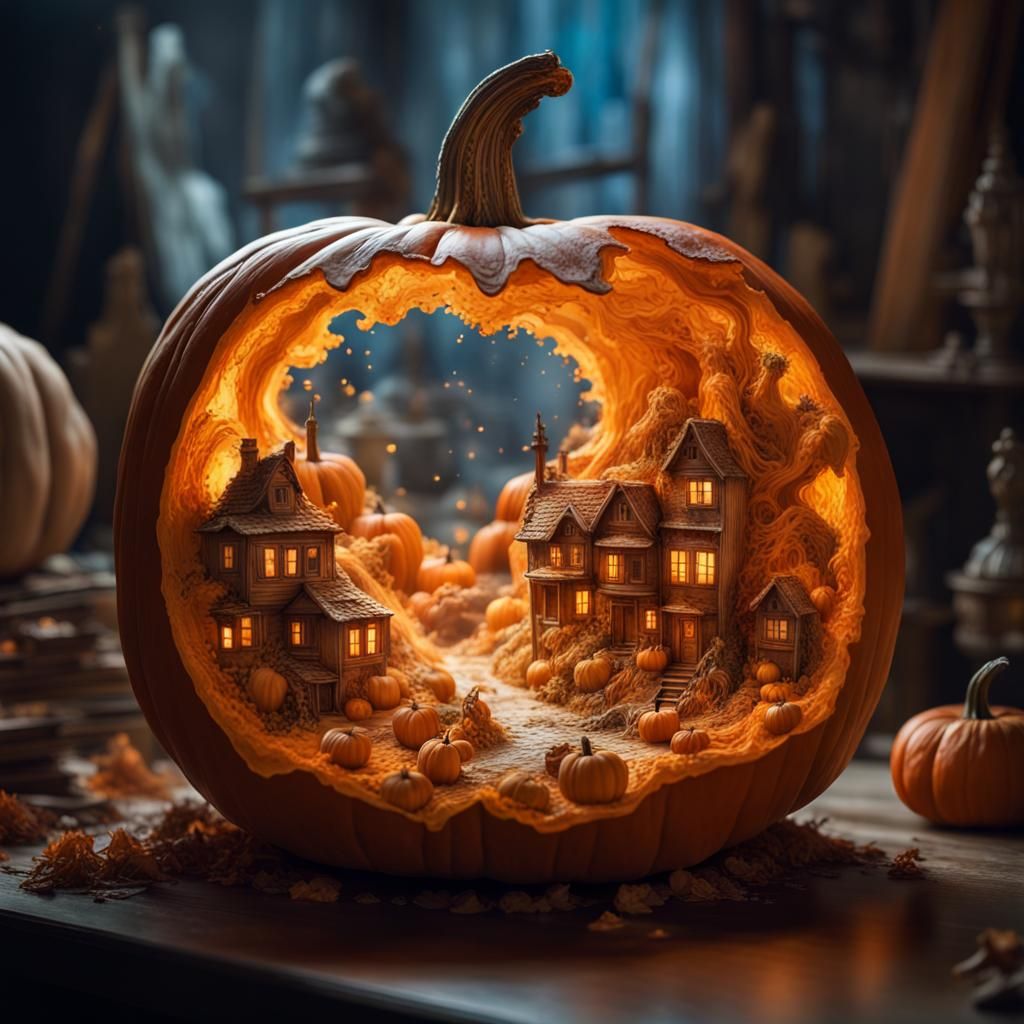 Intricate Miniature Village Inside Pumpkin Carving