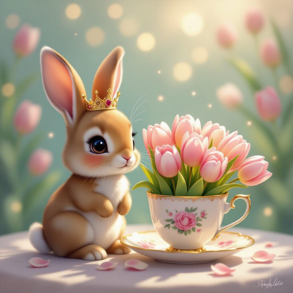 Whimsical Bunny with Crown Beside Tulip Teacup