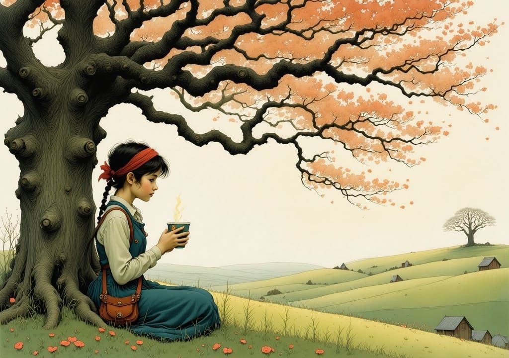 Woman Under Apple Tree, Watercolor Landscape