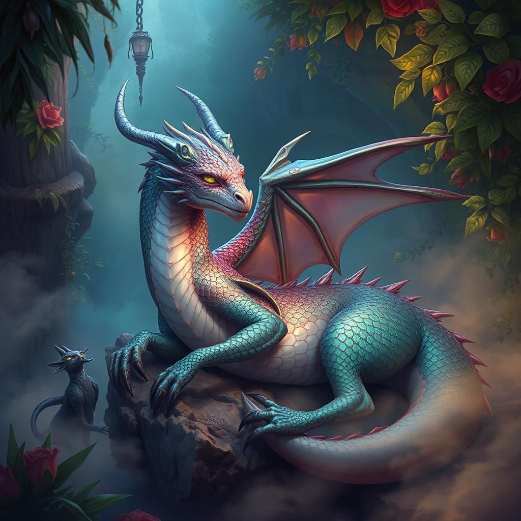 Iridescent Dragonborn in Mystical Dreamscape