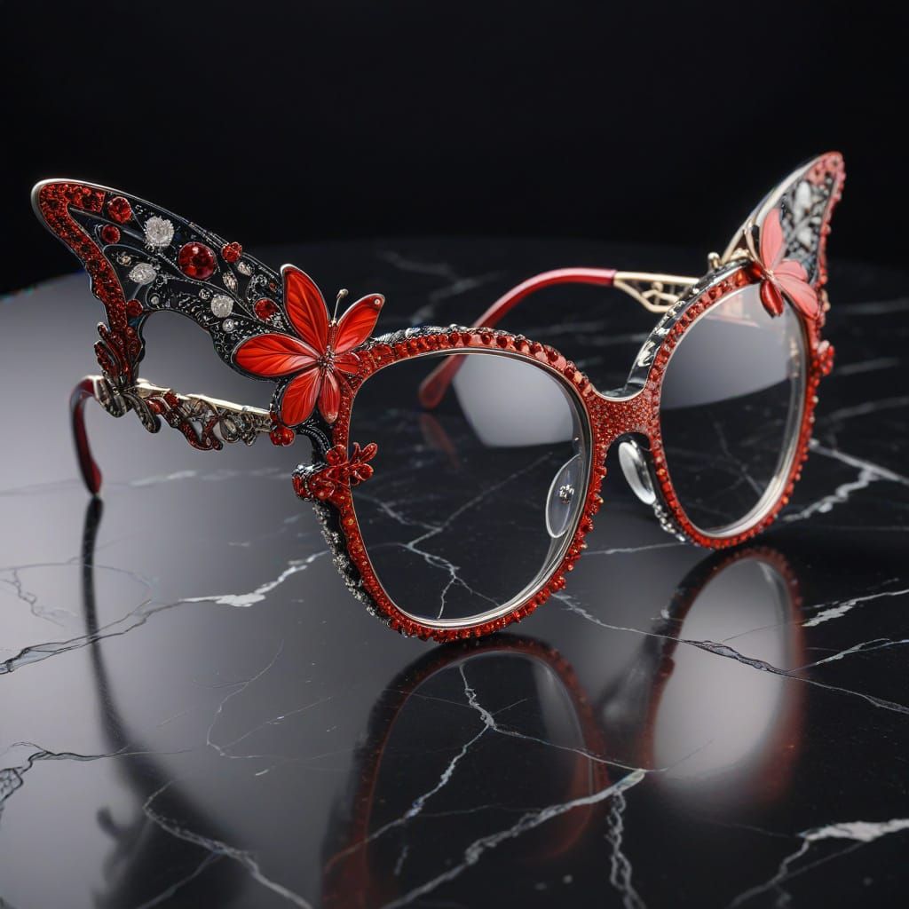 Red Butterfly Rhinestone Glasses on Marble