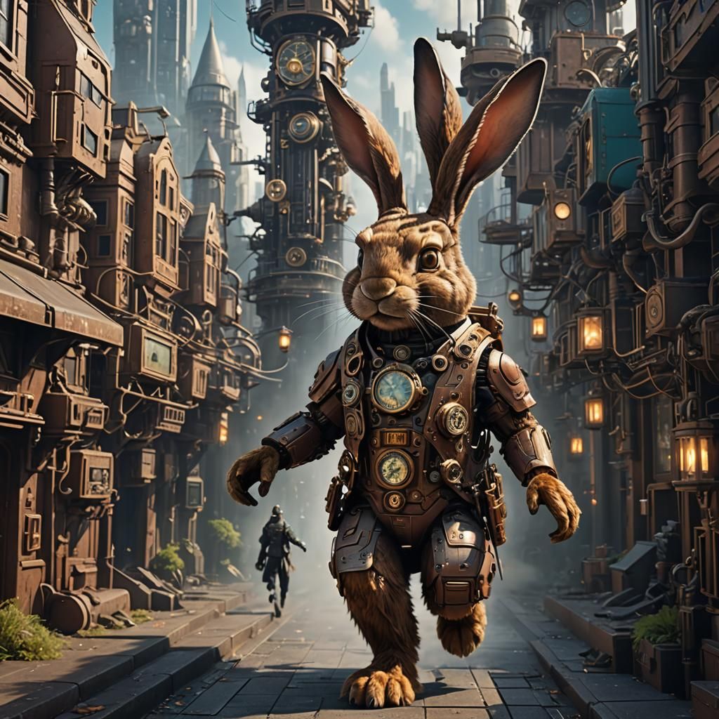 Cyborg Rabbit in Steampunk City, Detailed Matte Painting