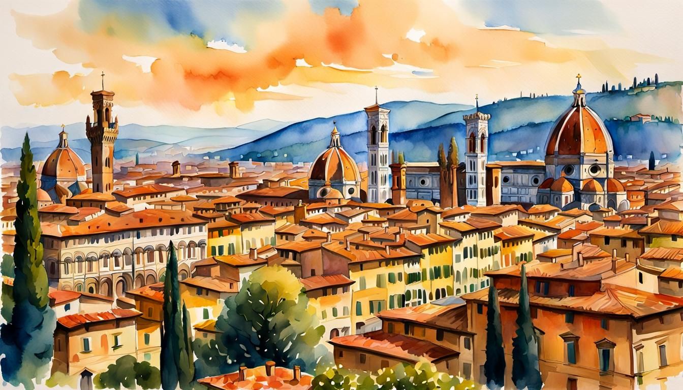 Florence Cityscape in Post-Impressionistic Watercolor
