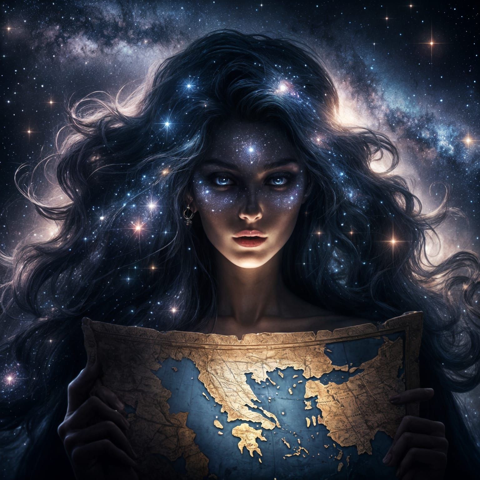 Cosmic Woman Gazing at Greece Map