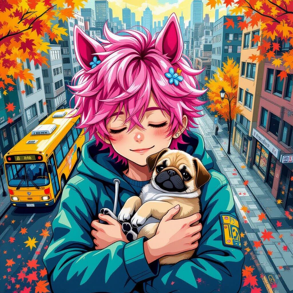 Mystical Anime Boy with Horse Ears Sleeping with Puppy