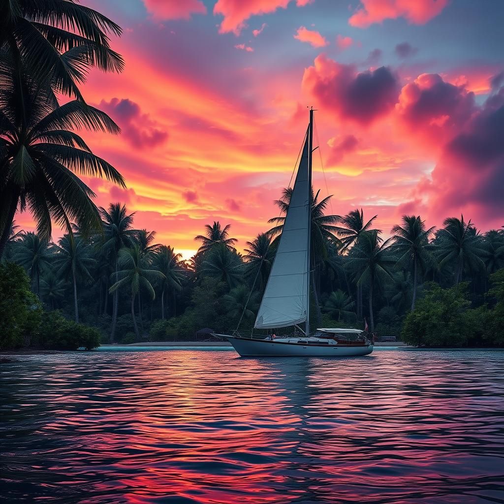 Vibrant Tropical Beach with Sailboat in Hyperrealism
