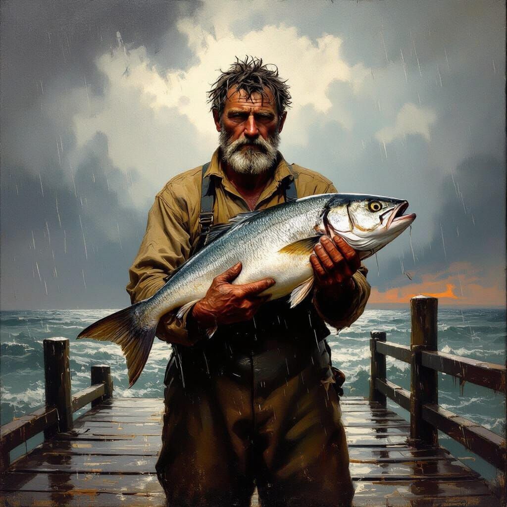 Stormy Seas Fisherman with Large Catch