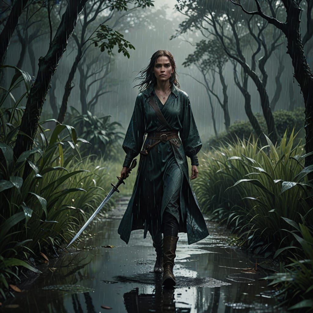Mysterious Woman Navigates Rainy Landscape in Moody Concept ...
