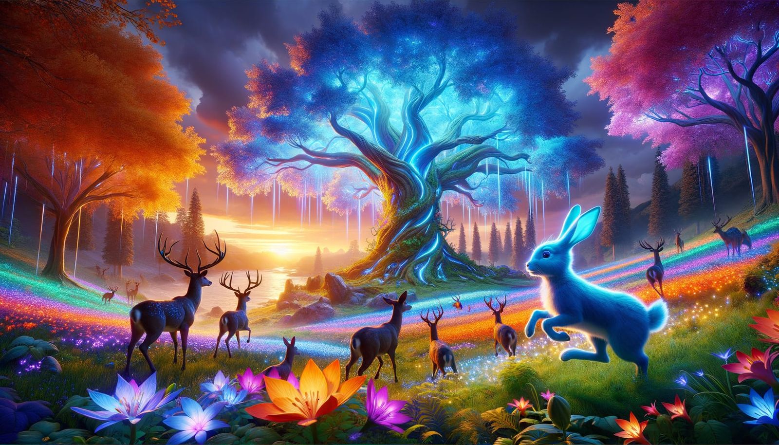 Luminescent Fantasy Realm with Blue Rabbit and Deer