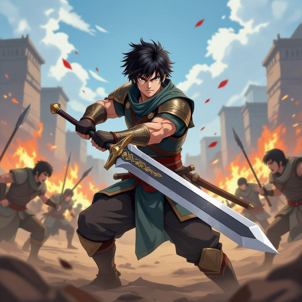 Anime Male Warrior in Battlefield Victory