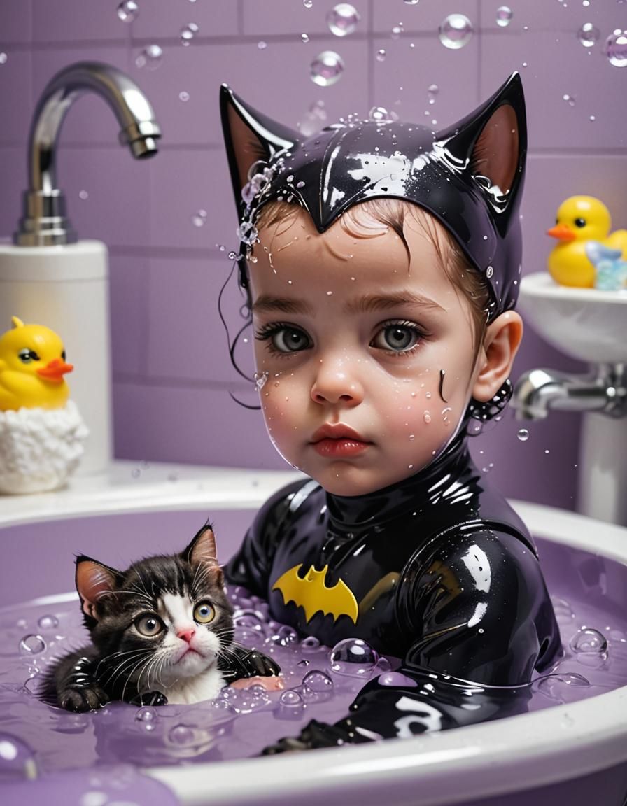 baby Catwoman with a cute real baby kitten in a bathtube.