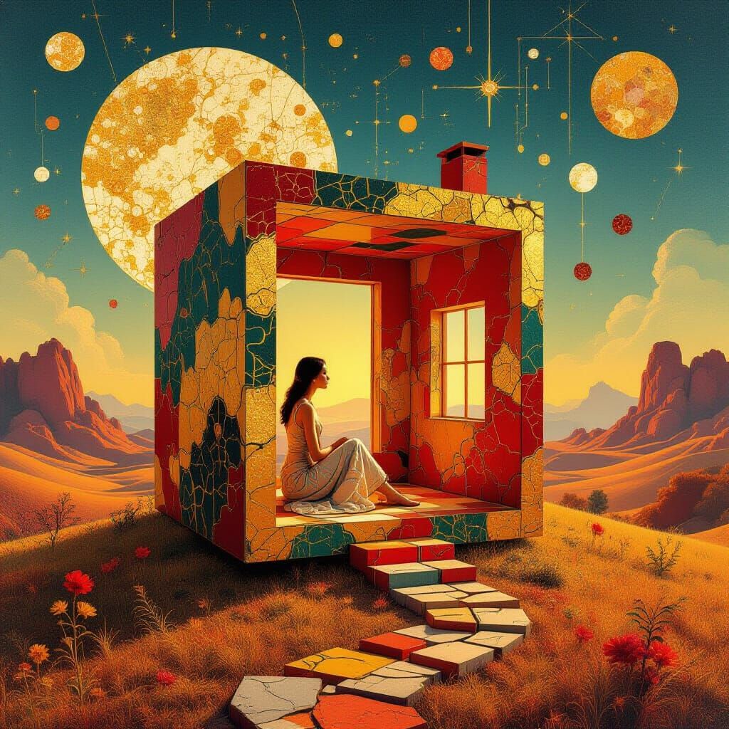 Surreal Kintsugi House in Fractal Landscape