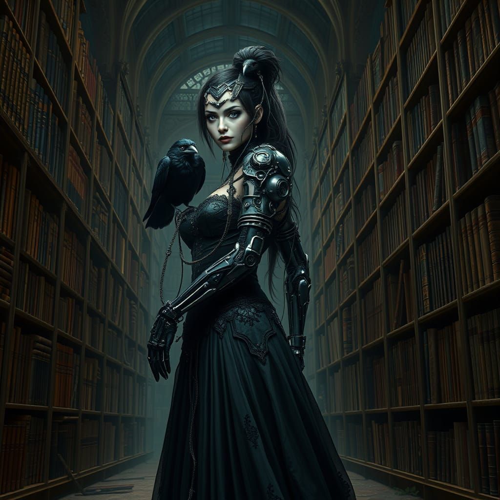Gothic Cyborg in Decaying Library, Dramatic Lighting