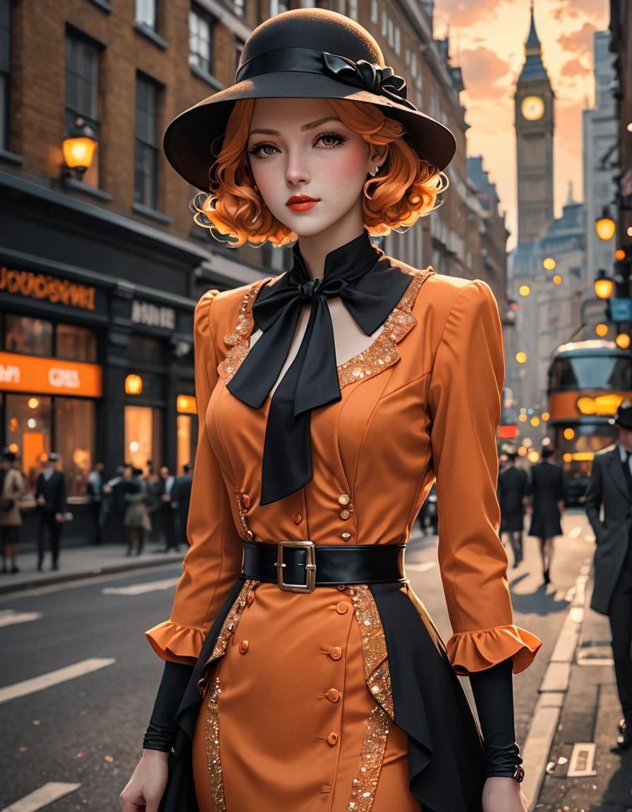 1930's Orange Suit in London Town, Anime Style