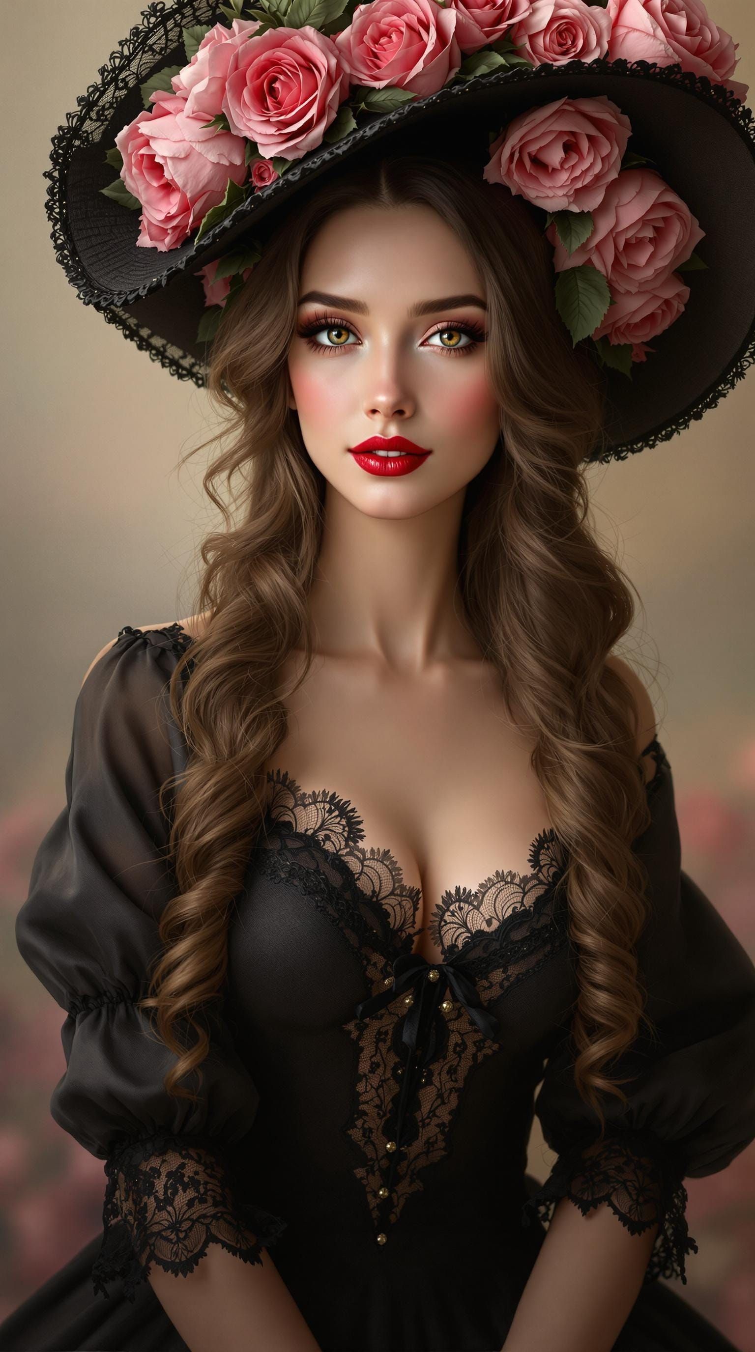 Elegant Woman in Vintage Attire, Adorned with Pink Roses