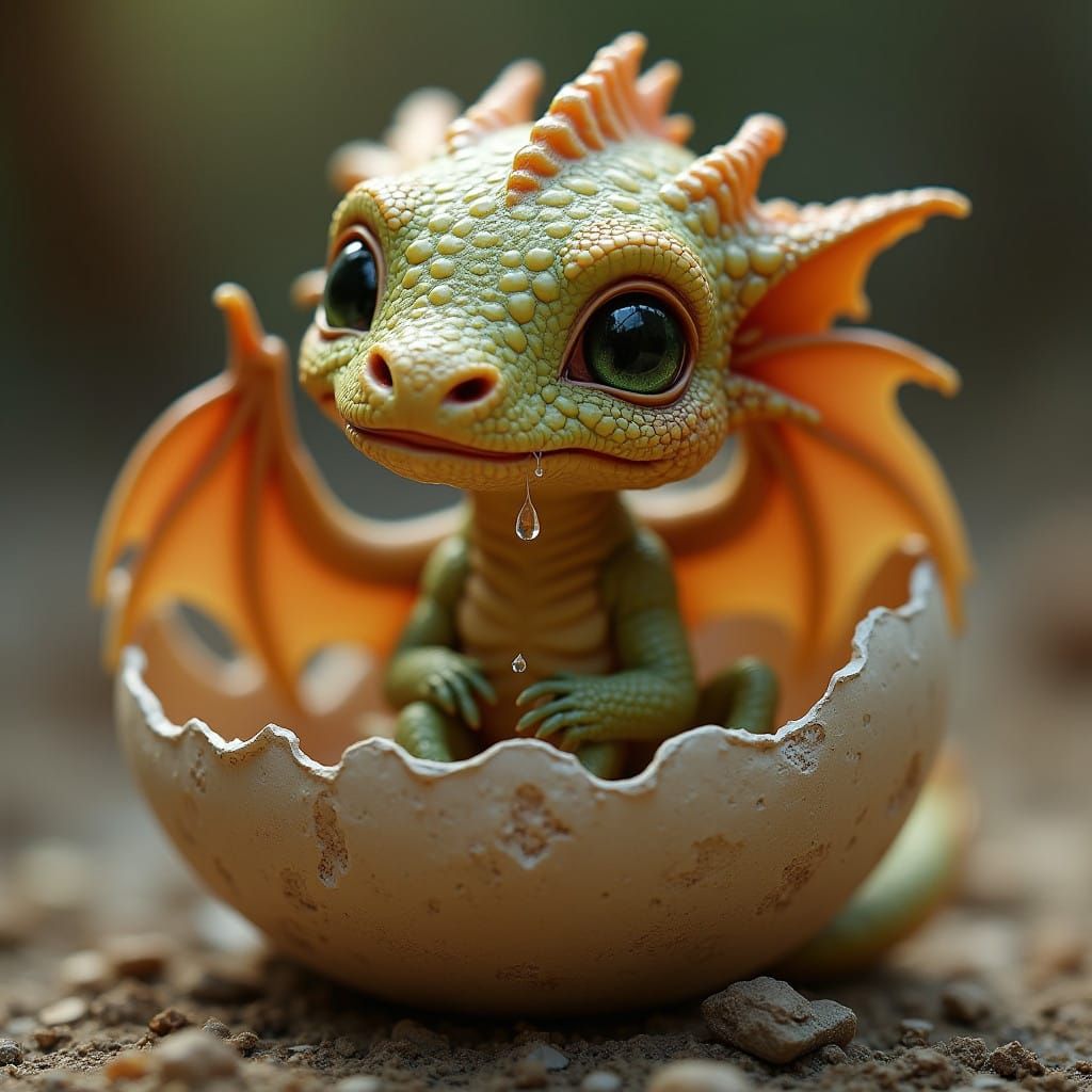 A Crying Baby Dragon Emerges from a Cracked Eggshell