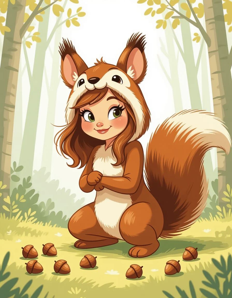 Playful Squirrel Girl Surrounded by Acorns