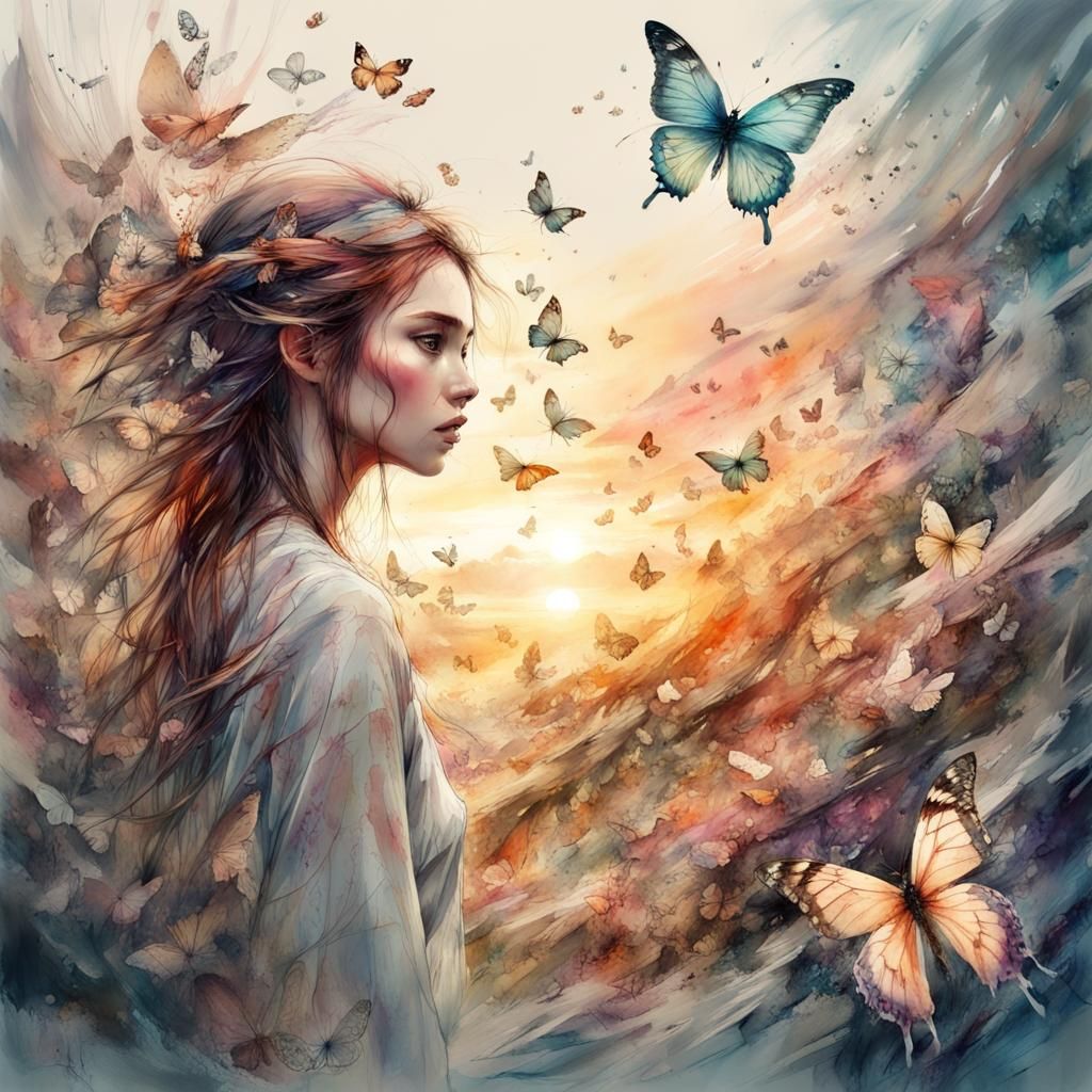 Vortex of Butterflies: Digital Watercolor Sunset