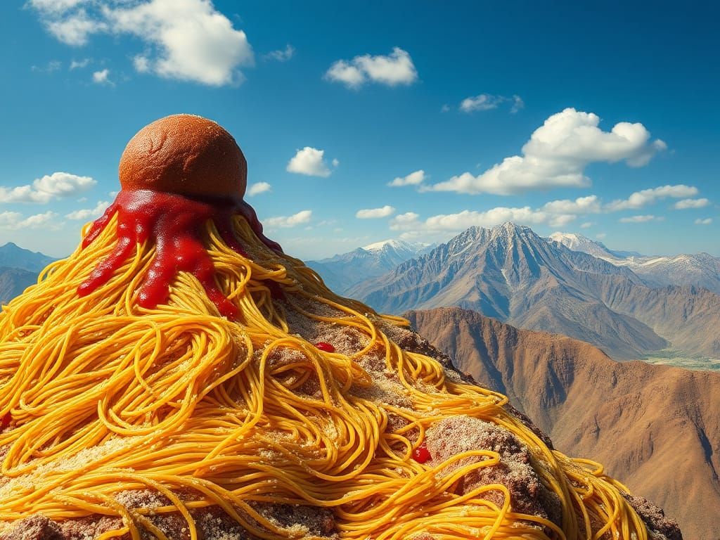 Surreal Spaghetti Mountain with Meatball Topping