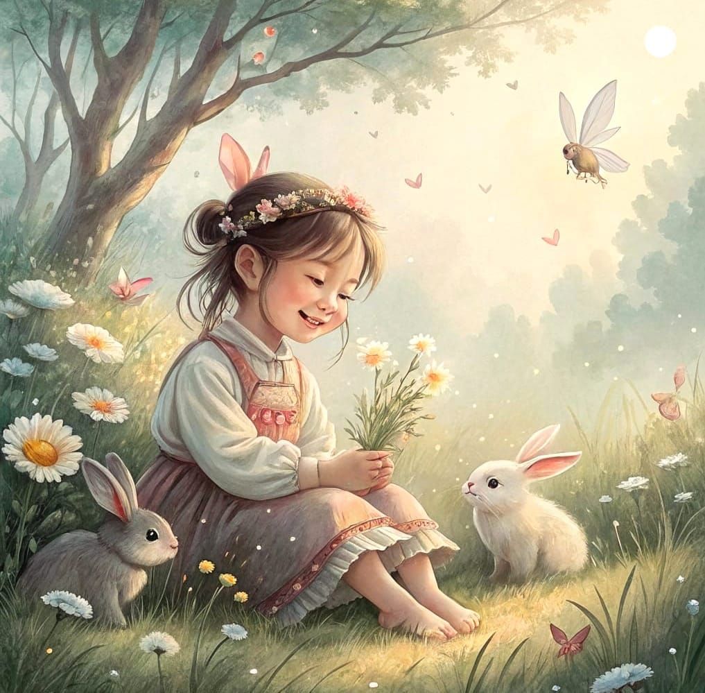 Whimsical Watercolour Scene of a Happy Chinese Girl with Bun...