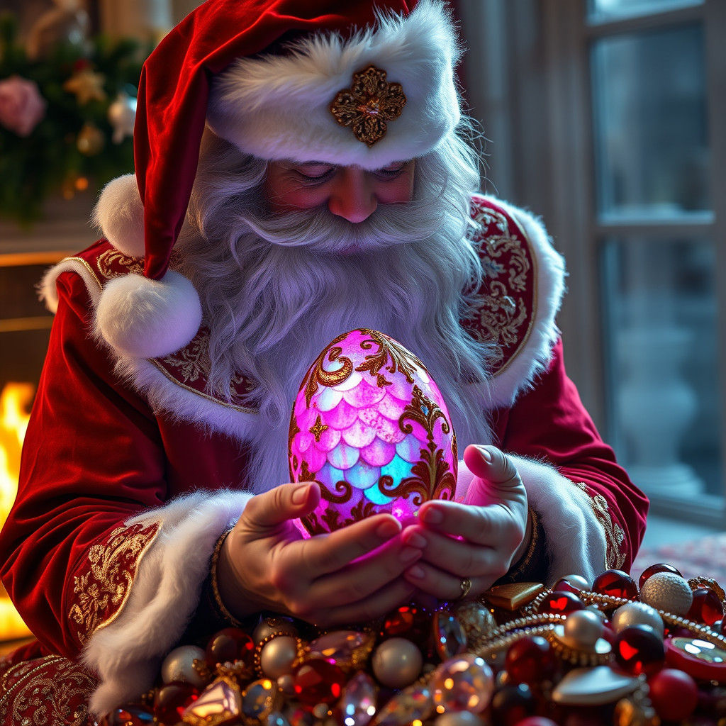 Santa Claus Cradles a Glowing Egg