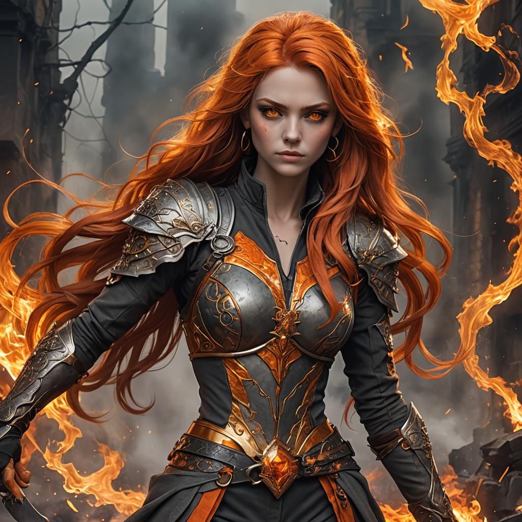 Fiery Anime Woman in Molten Gold and Orange