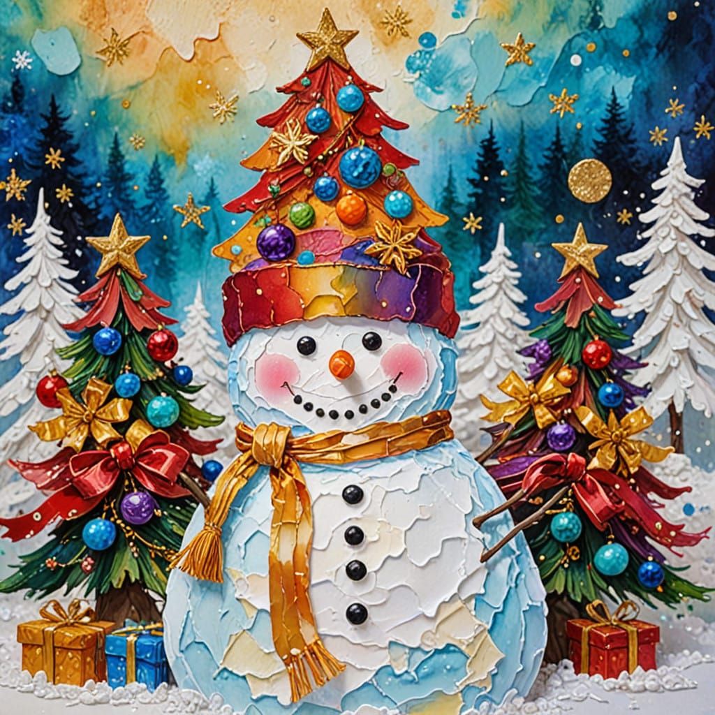 Whimsical Christmas Scene in Vibrant Mixed Media