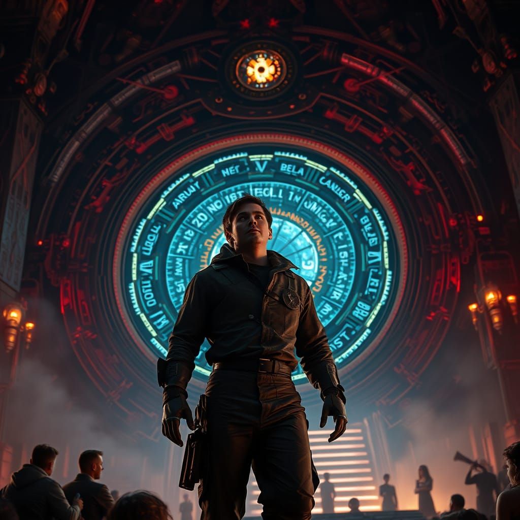 Actor at Portal in Futuristic Clockwork Scene