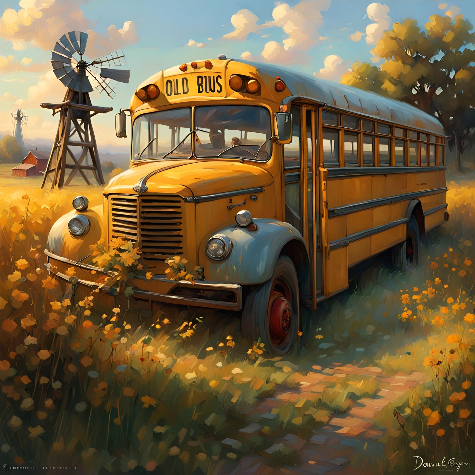 Overgrown School Bus in Field: Photorealistic Style