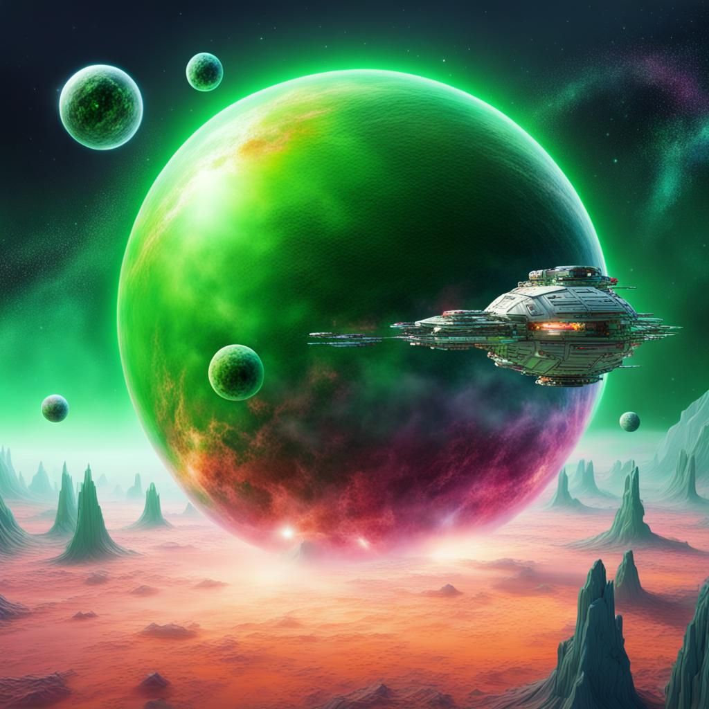 Crystal Planet with Spaceship Orbiting