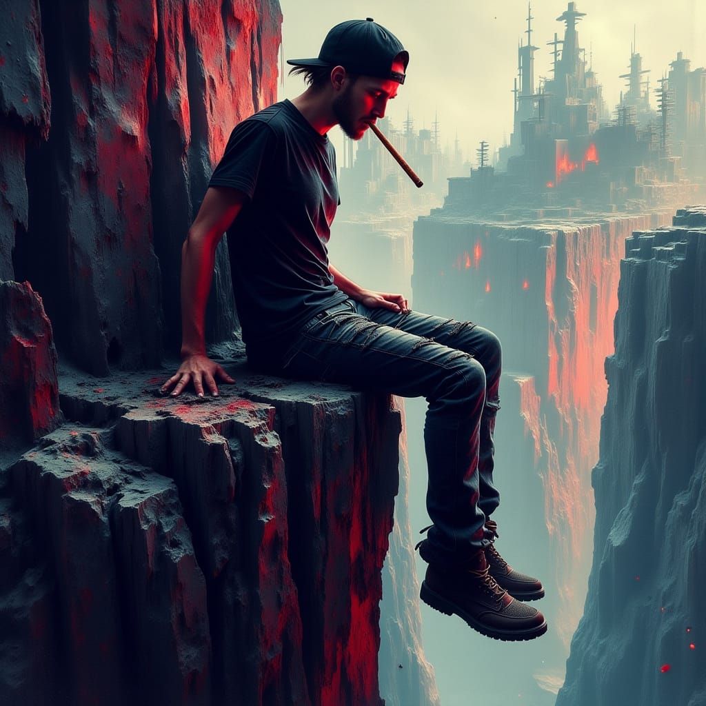 Melancholic Young Man on Cliff in Hyperrealistic Style