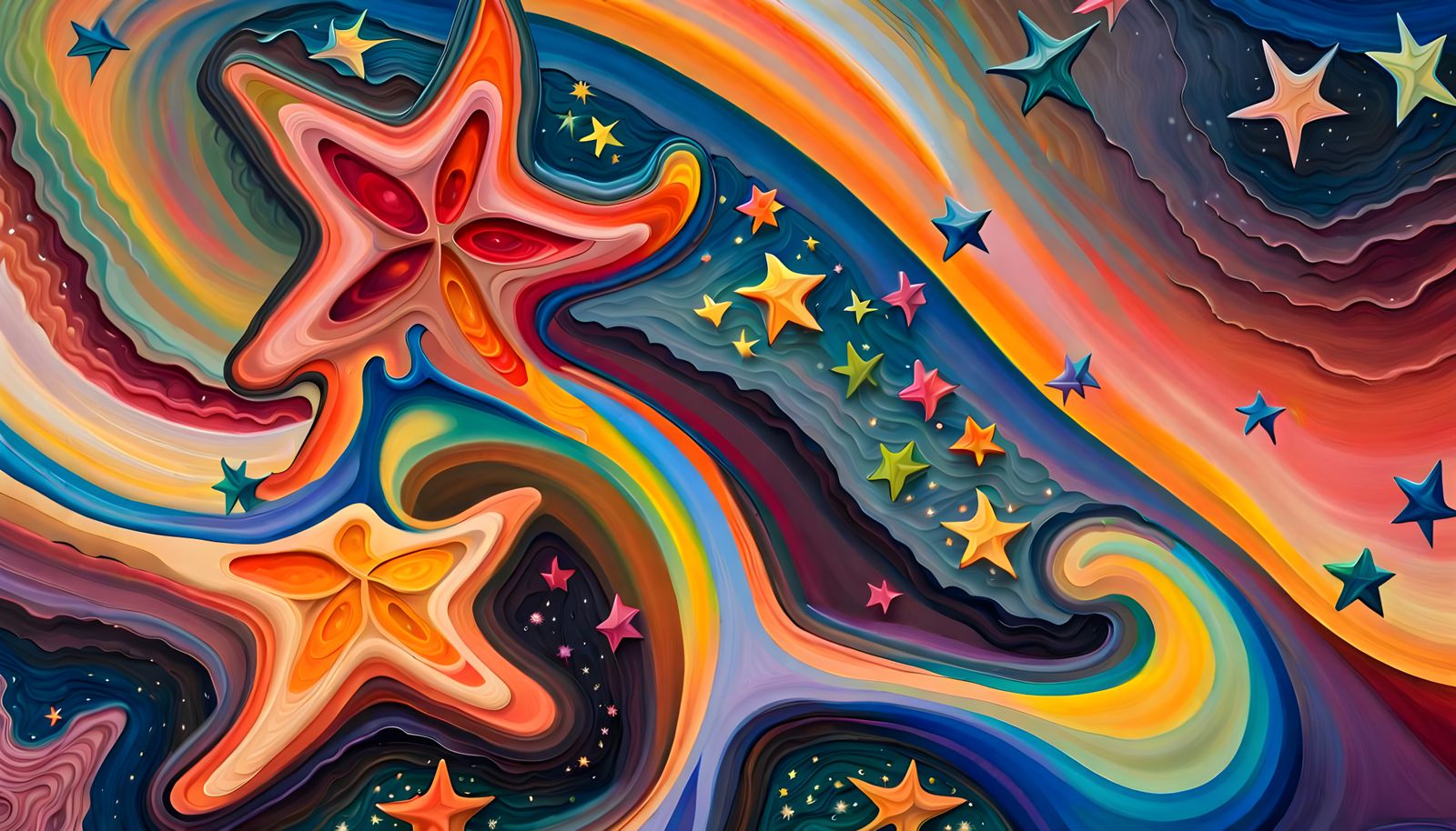 Iridescent Stars Form Cosmic Entities: Impasto Oil Painting