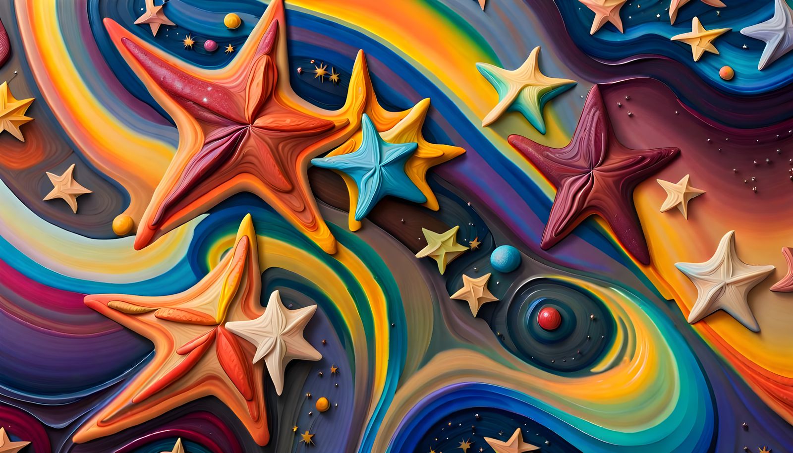 Iridescent Stars in a Cosmic Dance: Impasto Oil Painting