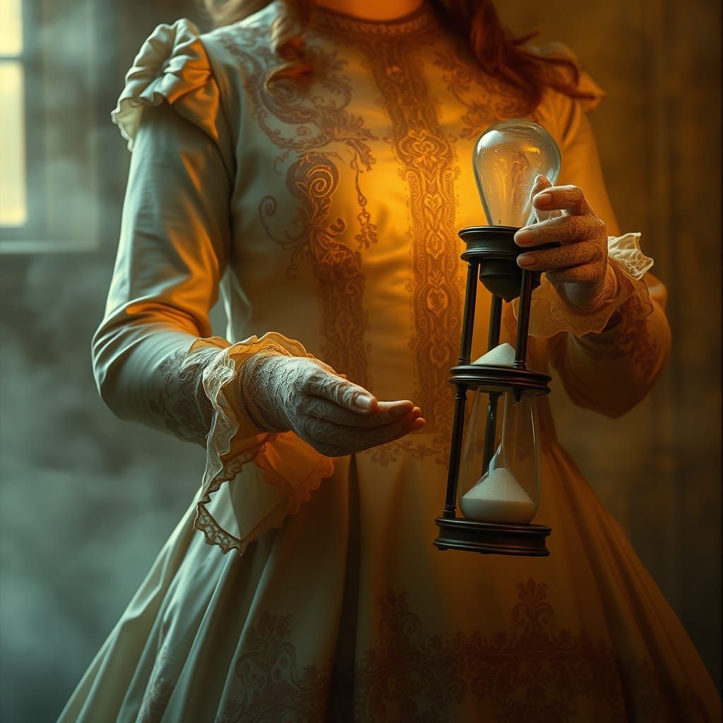 Victorian Woman with Hourglass in Dreamlike Lighting