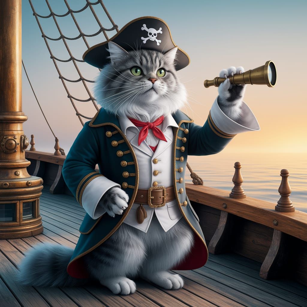Majestic Pirate Cat Captain on Ship at Sunset