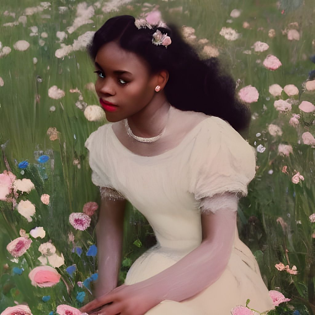 African American Woman in Flower Field, Waterhouse Style