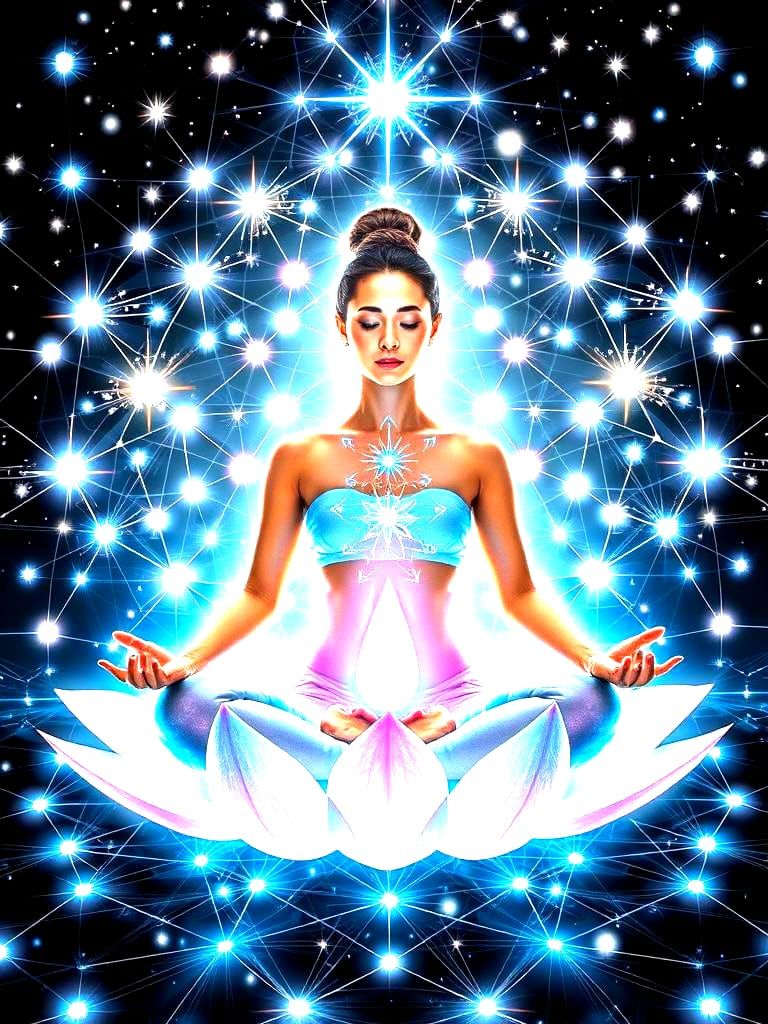 Woman in Lotus Pose with Neon Stars