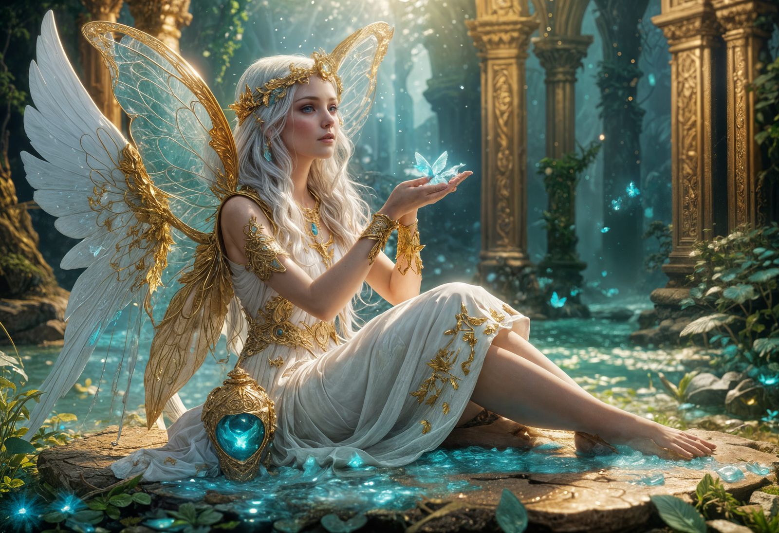 White Fairy with Golden Wings in Dreamy Realm
