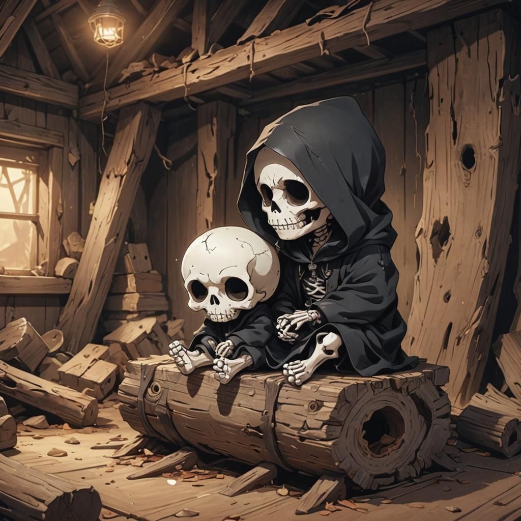 Cute Chibi Skeleton Child in Dilapidated Attic - Anime Art