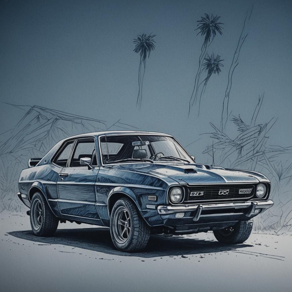 Hyperdetailed Ballpoint Car Drawing in Blue