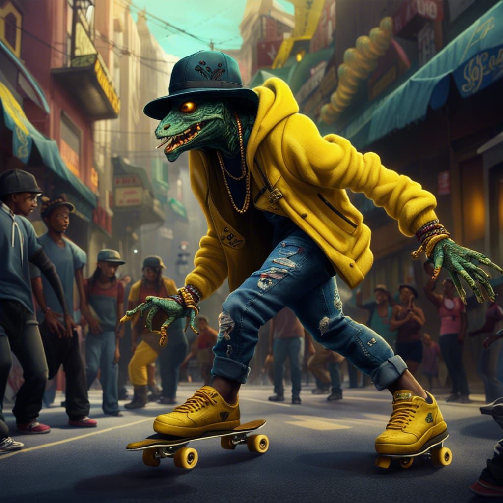 Lizard Hip-Hop Creature Skating in Noir Style